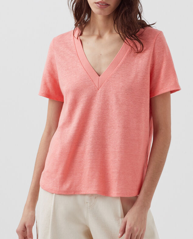 T-shirt col V en lin SARAH H101 silver pink