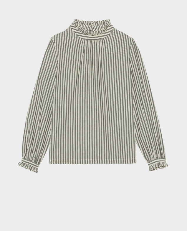 Blouse en voile de laine rayée à col volanté Stripe grey offwhite