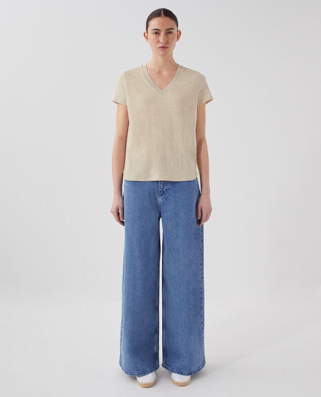 T-shirt col V en lin SARAH J020 beige lining
