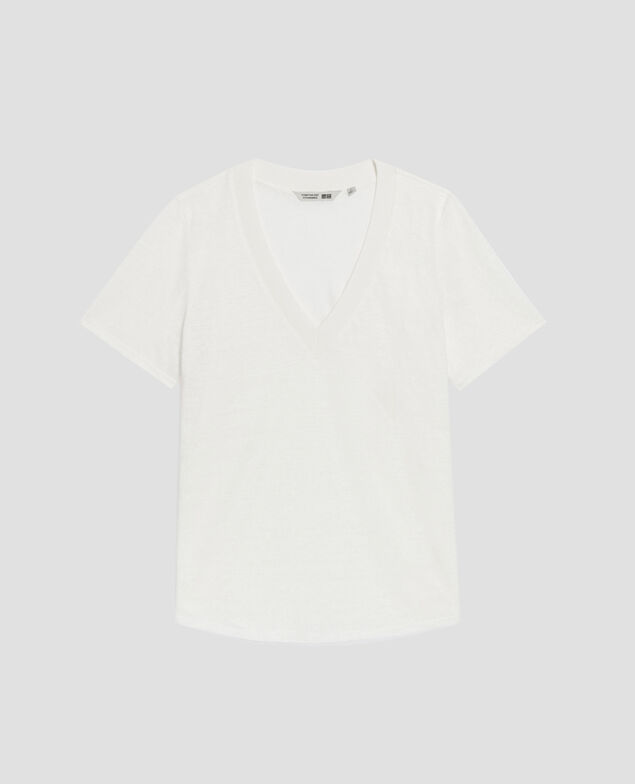 T-shirt col V en lin SARAH U010 off white