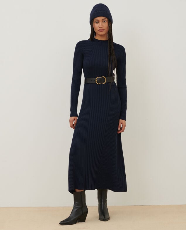Robe longue en laine mérinos A699 navy knit