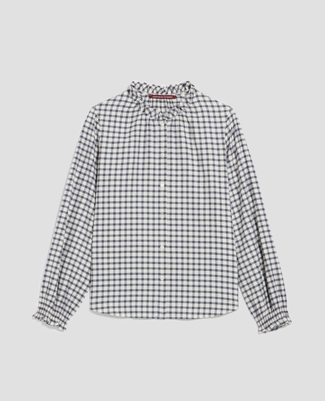 Blouse à col volanté I072 check creme gray