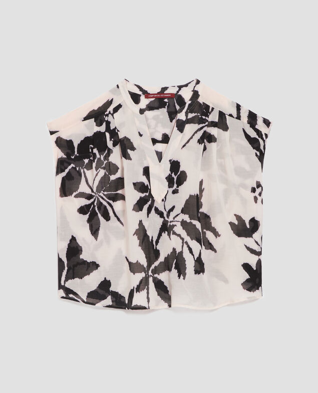 Blouse fluide sans manches en voile de coton J304 blurry fl ecru