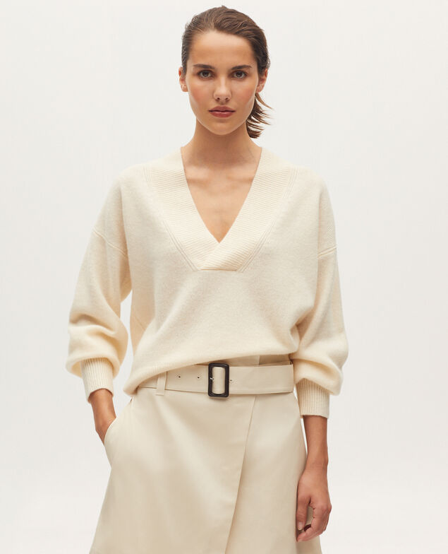 Pull col V en cachemire K300 ecru beige