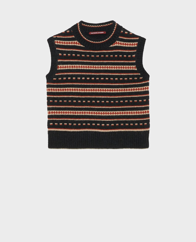Pull jacquard sans manches en laine alpaga Black brandy lighttaupe jacquard