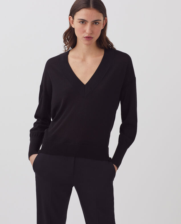 Pull col V en laine et soie H091 black beauty