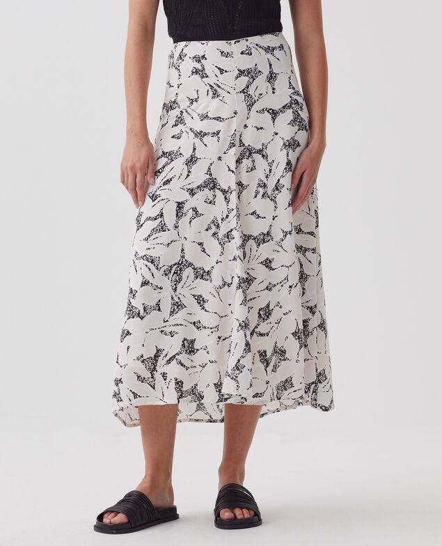 Jupe longue fluide asymétrique J301 flower camo ecru