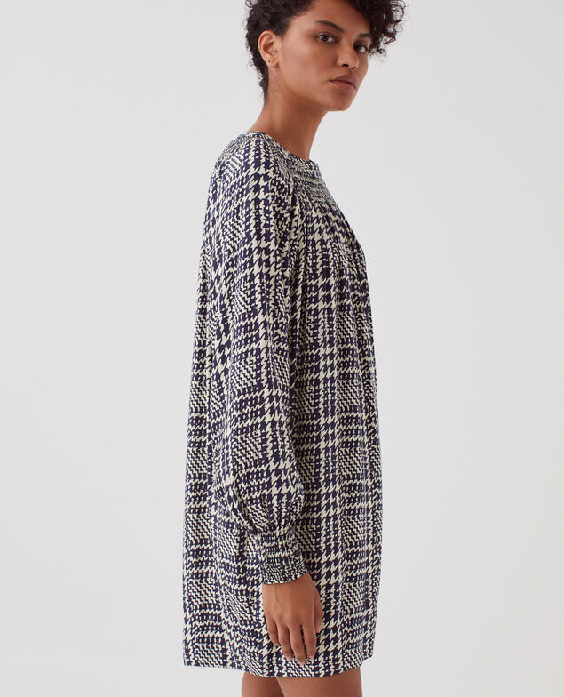 Robe courte fluide à manches longues I681 houndstooth ble