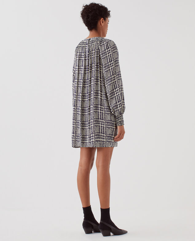 Robe courte fluide à manches longues I681 houndstooth ble