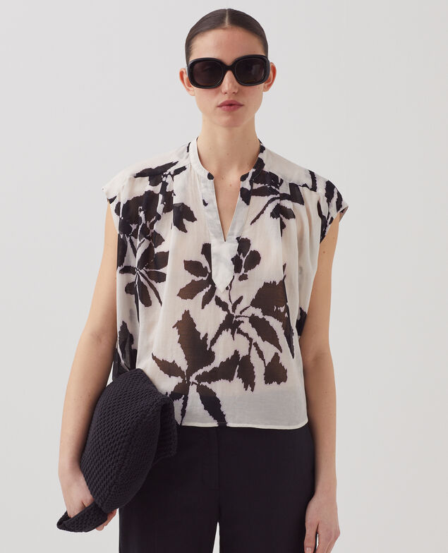 Blouse fluide sans manches en voile de coton J304 blurry fl ecru