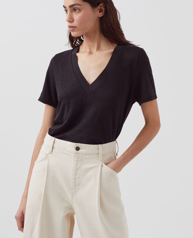 T-shirt col V en lin SARAH H091 black beauty