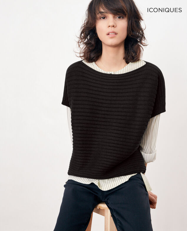 Pull manches courtes en maille côtelée zéro couture Noir