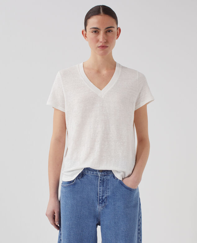 T-shirt col V en lin SARAH U010 off white