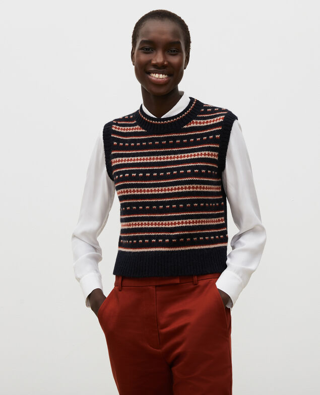 Pull jacquard sans manches en laine alpaga Black brandy lighttaupe jacquard