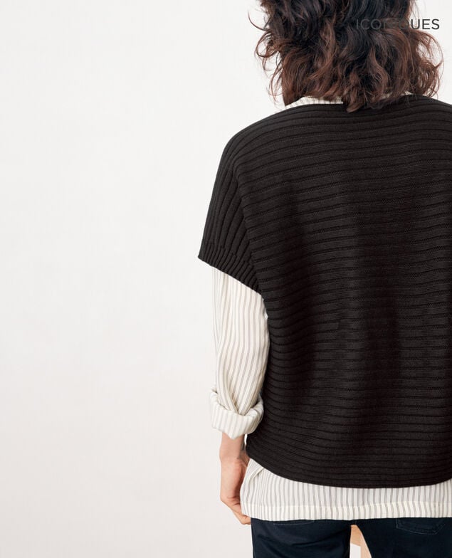 Pull manches courtes en maille côtelée zéro couture Noir
