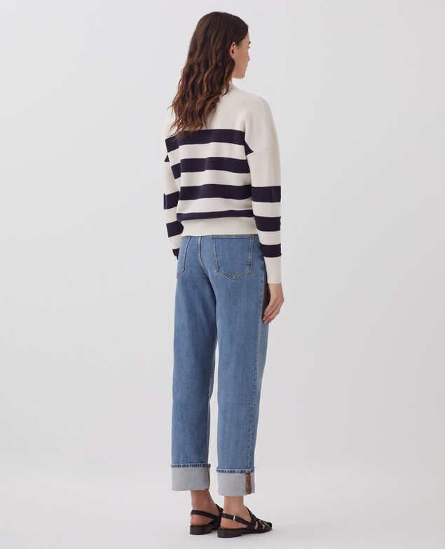 Pull marin col V en laine mérinos J682 st ecru navy
