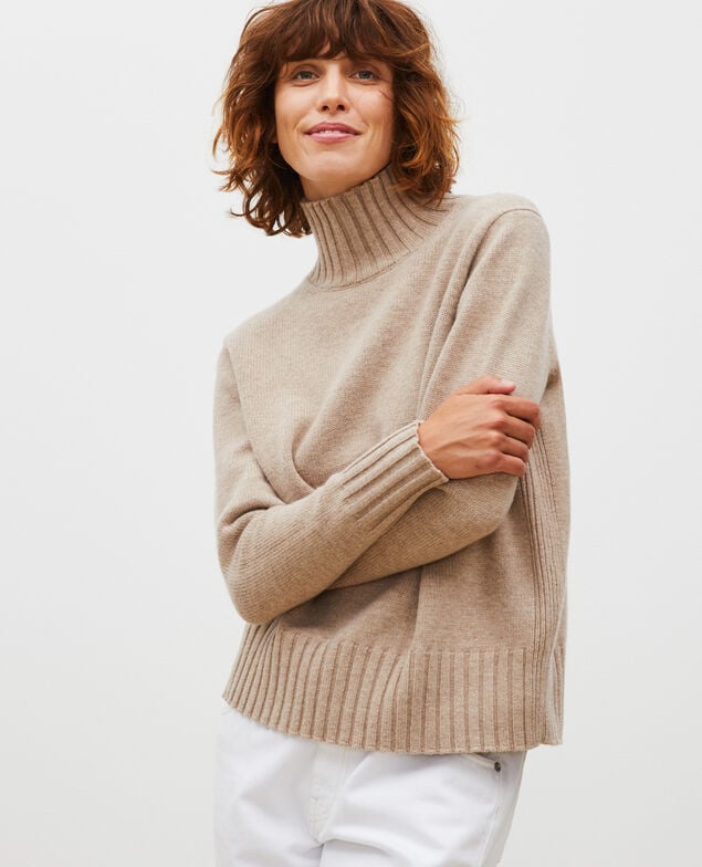 Pull en laine col montant à larges côtes Latte