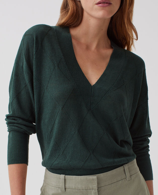 Pull col V à manches longues J590 spruce green