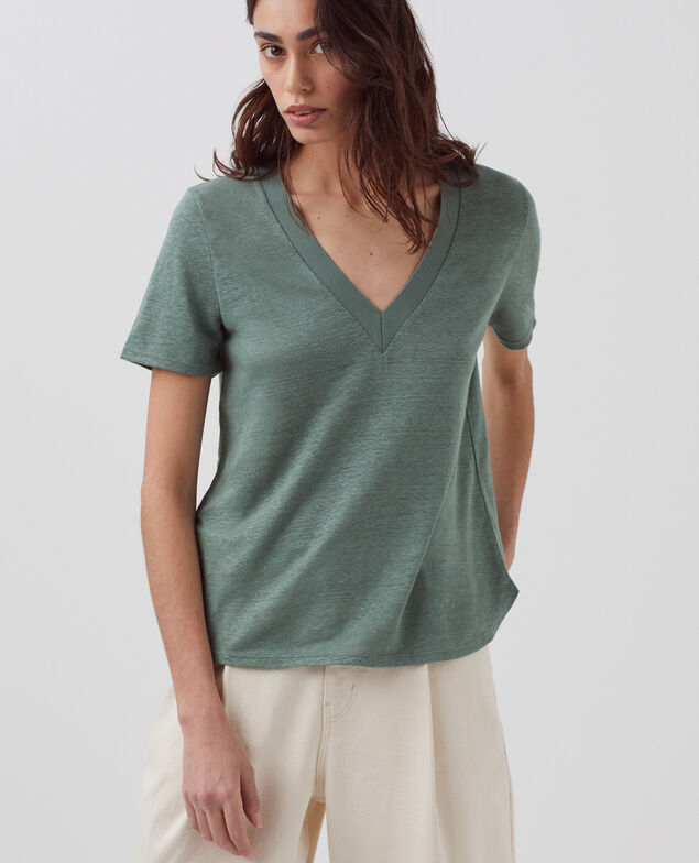 T-shirt col V en lin SARAH H542 darkforest