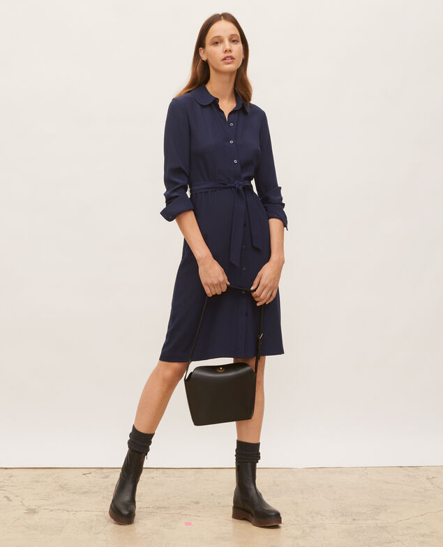 Robe chemise en soie ceinturée col rond Maritime blue