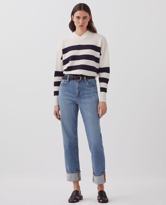 Pull marin col V en laine mérinos J682 st ecru navy