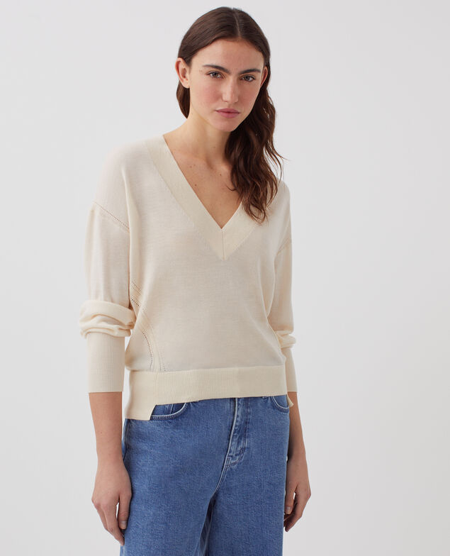 Pull col V en laine et soie I300 pearled ivory