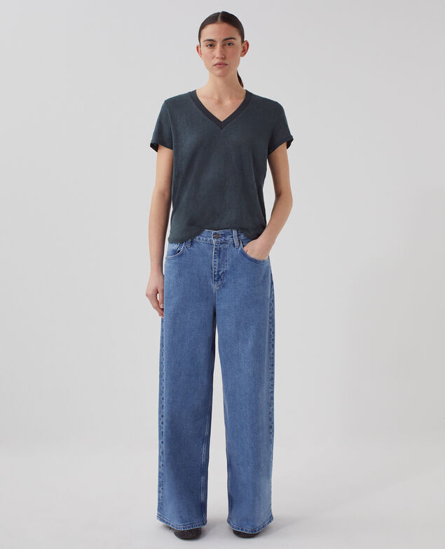 T-shirt col V en lin SARAH J690 blueberry