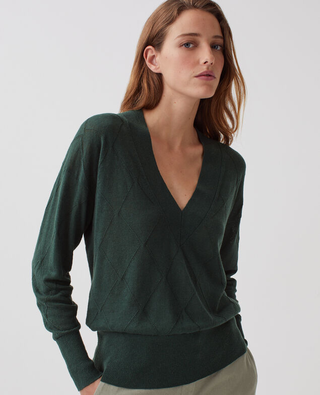 Pull col V à manches longues J590 spruce green