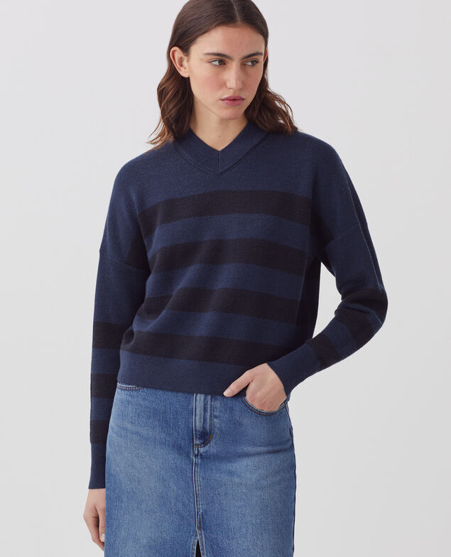 Pull marin col V en laine mérinos J092 st blue black