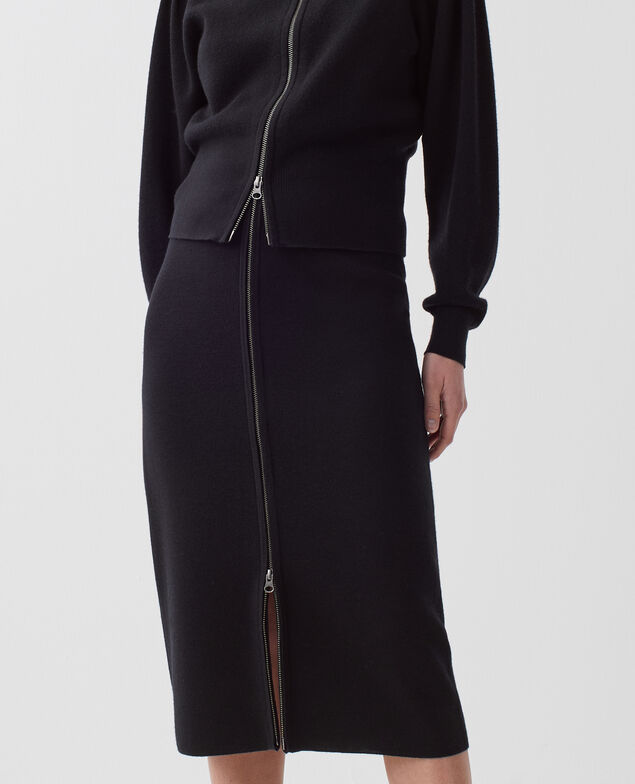 Jupe midi zippée en laine mérinos H091 black beauty