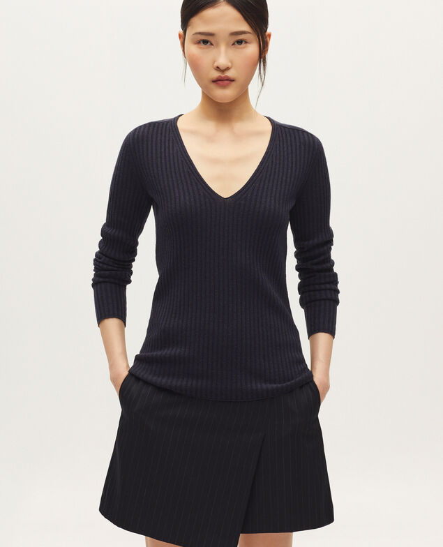 Pull col V en laine mérinos H695 night sky