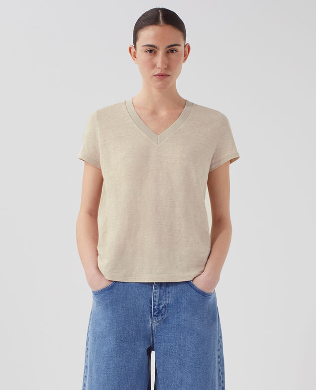 T-shirt col V en lin SARAH J020 beige lining