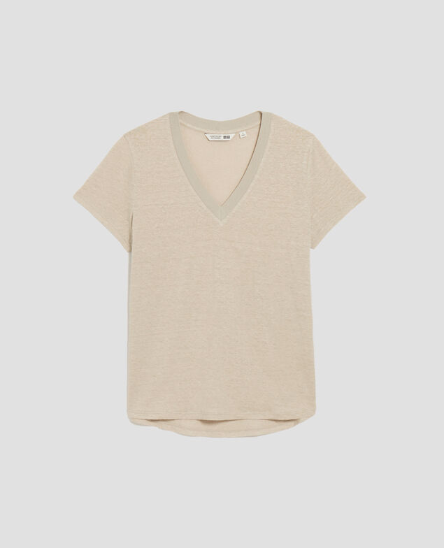 T-shirt col V en lin SARAH J020 beige lining