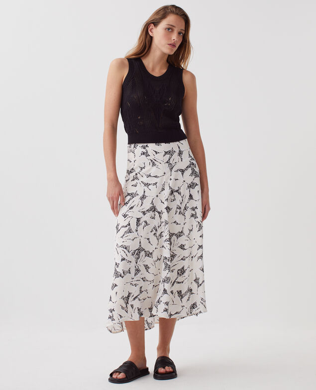 Jupe longue fluide asymétrique J301 flower camo ecru