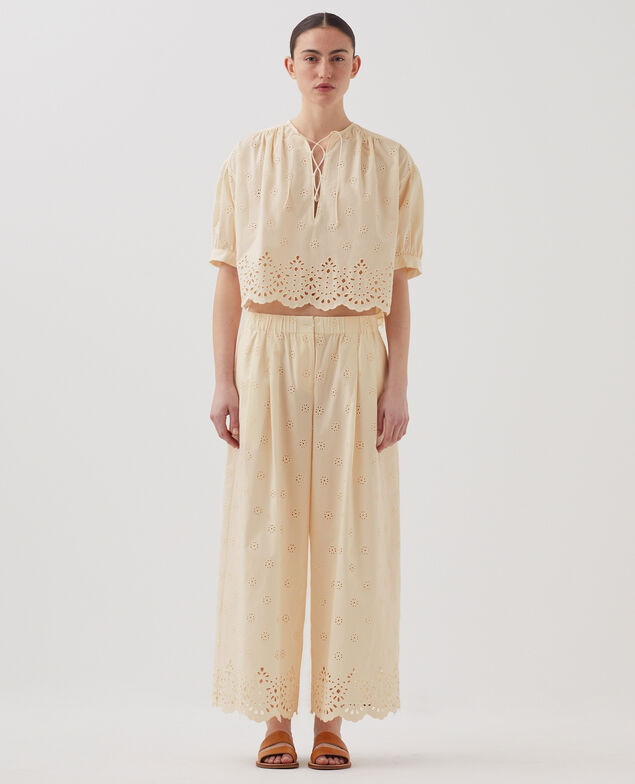 Pantalon ample broderie anglaise en coton I307 ecru