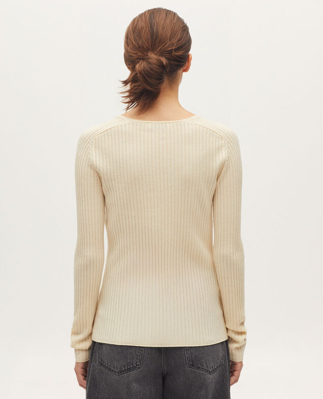 Pull col V en laine mérinos K300 ecru beige