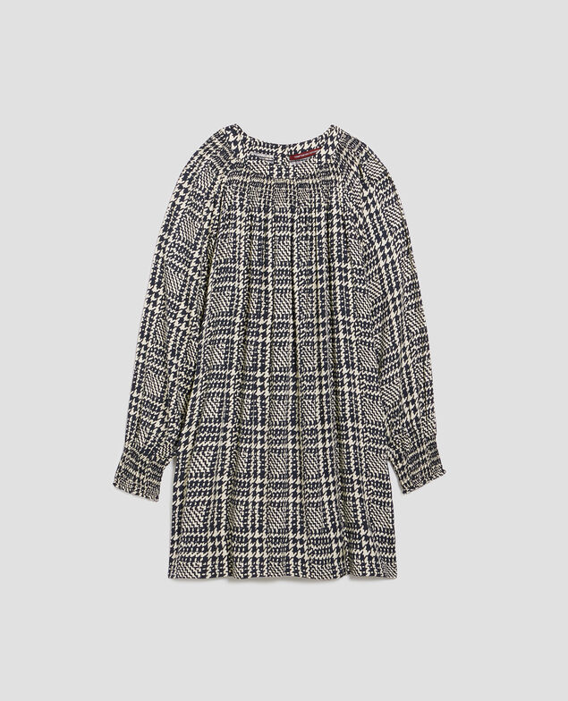 Robe courte fluide à manches longues I681 houndstooth ble