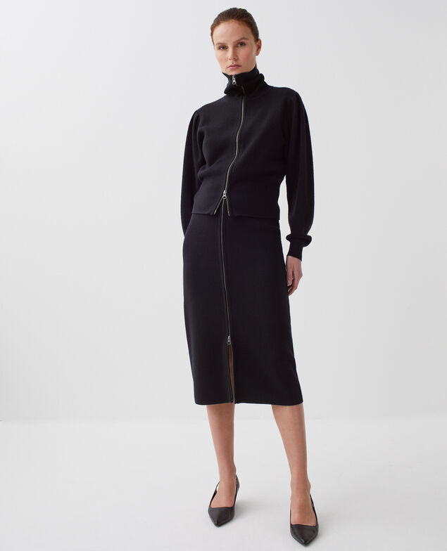 Jupe midi zippée en laine mérinos H091 black beauty
