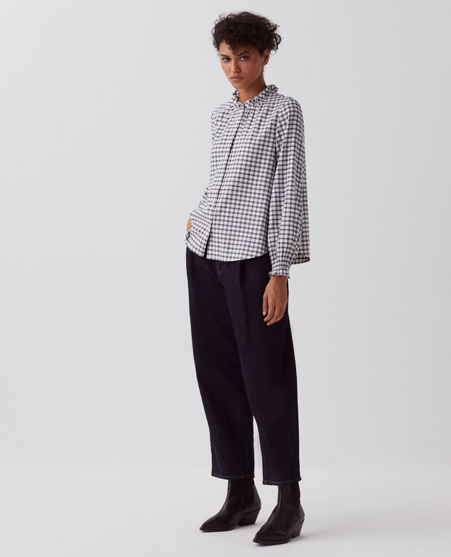 Blouse à col volanté I072 check creme gray