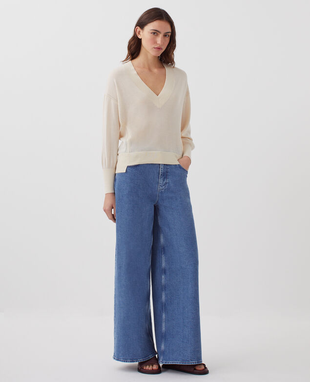 Pull col V en laine et soie I300 pearled ivory