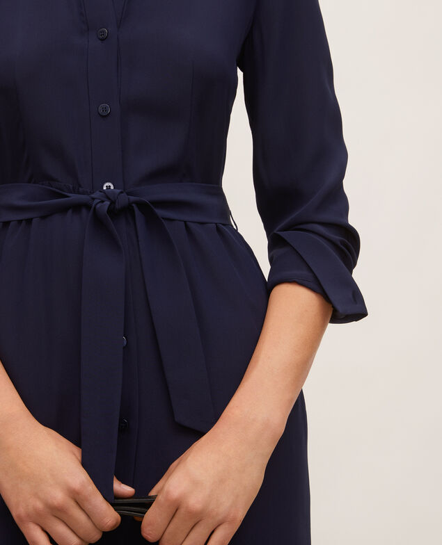 Robe chemise en soie ceinturée col rond Maritime blue