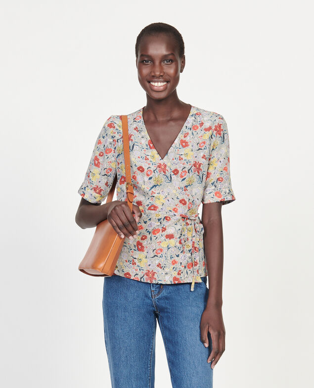 Blouse cache-cœur en soie fleurie Print eden cream