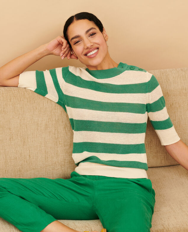 Pull manches courtes en lin 0551 pine green stripes