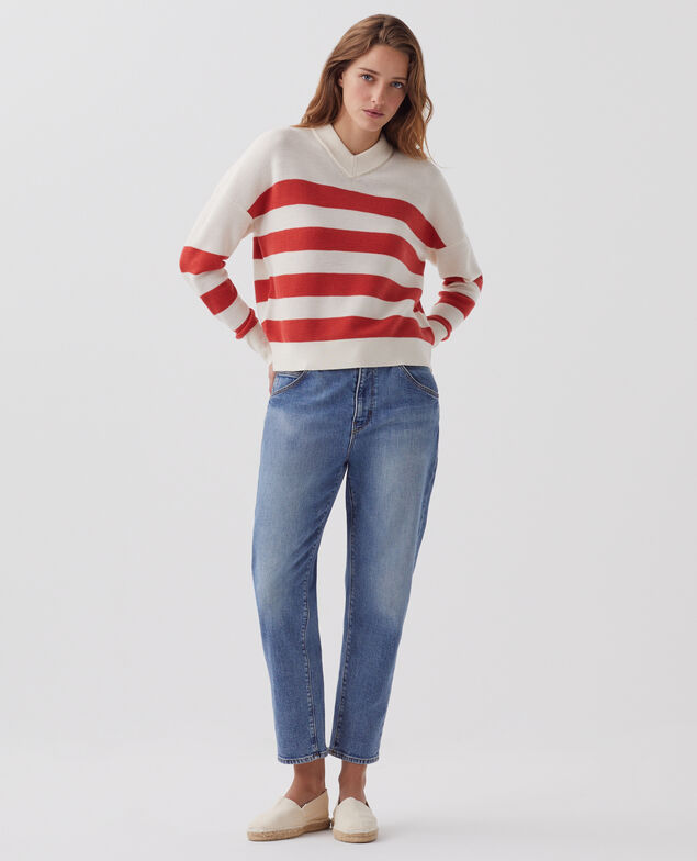 Pull marin col V en laine mérinos J242 st ecru paprika