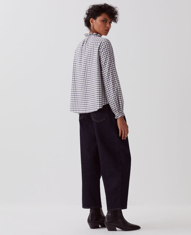 Blouse à col volanté I072 check creme gray
