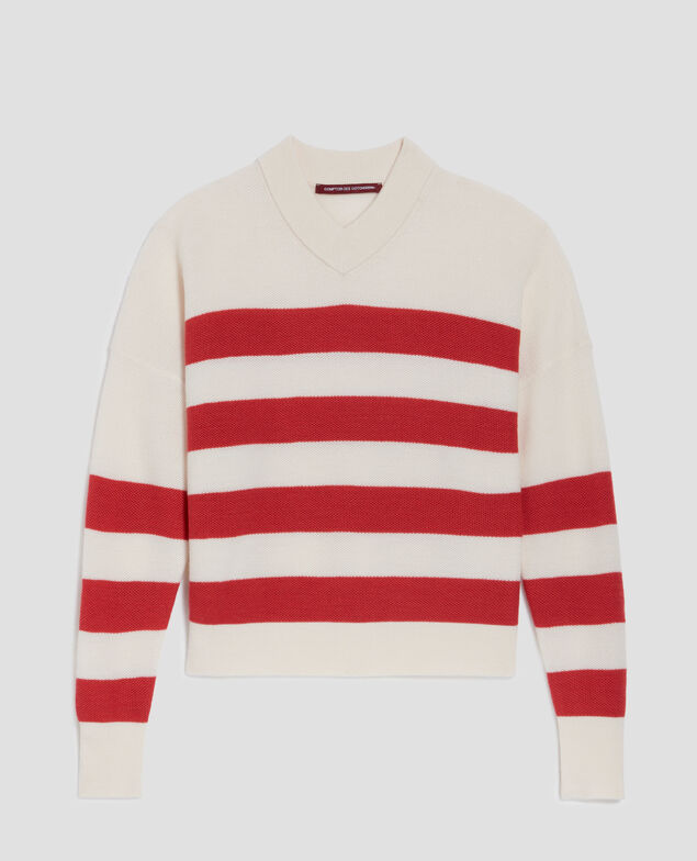 Pull marin col V en laine mérinos J242 st ecru paprika