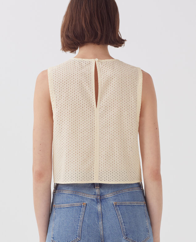 Top sans manches brodé en coton H013 gardenia