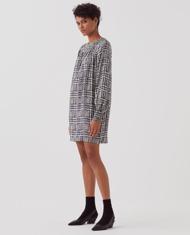 Robe courte fluide à manches longues I681 houndstooth ble