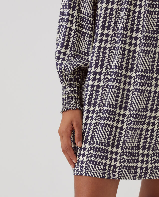 Robe courte fluide à manches longues I681 houndstooth ble
