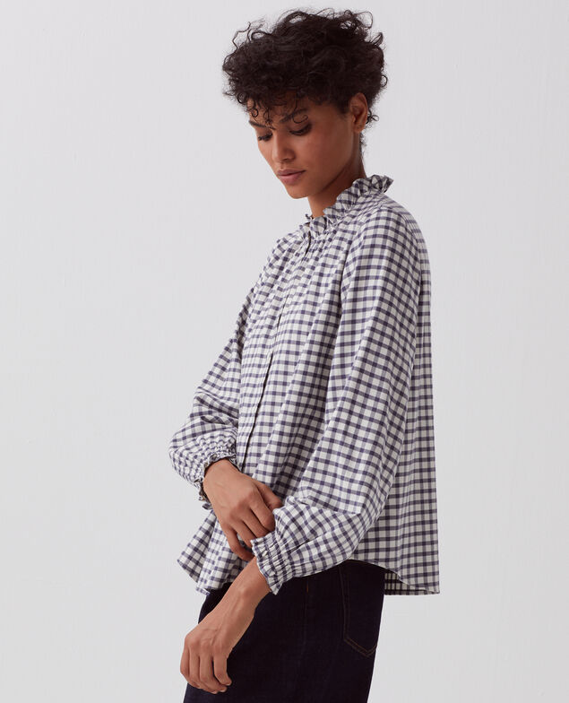 Blouse à col volanté I072 check creme gray